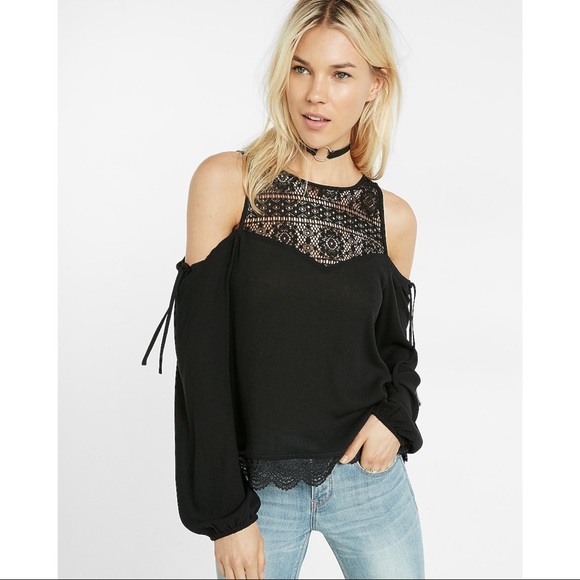 EXPRESS Lace Yoke Cold Shoulder Blouse - Picture 2 of 16